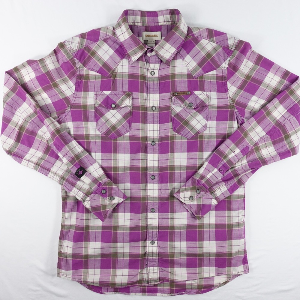 Diesel Western Pearl Snap Shirt Mens Medium Plaid Leather Trim Cowboy Purple